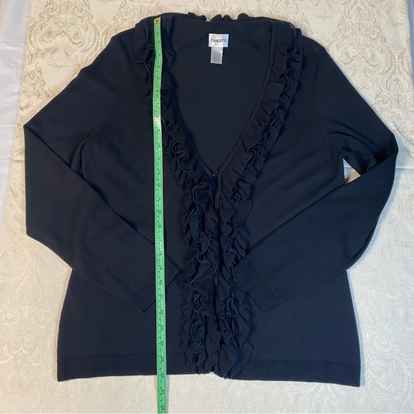 Chico’s Ruffled Black Dressy Cardigan Sweater Size 2 V-Neck Very Soft - Picture 4 of 12